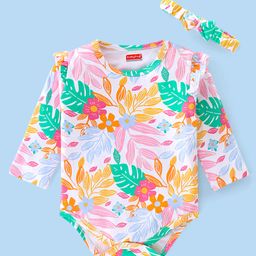 Babyhug 100% Cotton Knit Full Sleeves Onesie with Head Band Floral Print - Multicolour-image-85