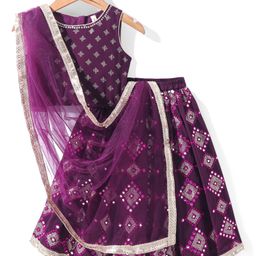 Babyhug Sleeveless Sequin Embroidered Choli with Mirror Embroidered Lehenga Set With Dupatta - Magenta-image-6