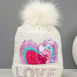 Yellow Bee Heart Sequin Embellished Love Embossed Bobble Beanie Cap - White & Multi Colour-24