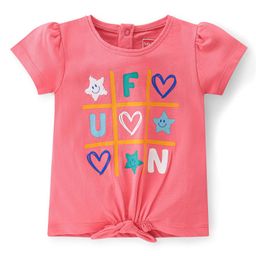 Babyhug 100% Cotton Knit Half Sleeves Top with Heart Print & Bow Applique - Coral-image-87