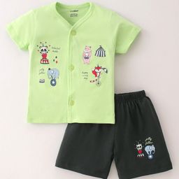 CUCUMBER Cotton Knit Half Sleeves Night Suit With Animals Print - Green-image-32