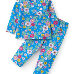 Babyhug Cotton Knit Full Sleeves Night Suit With Floral Print - Blue-image-49