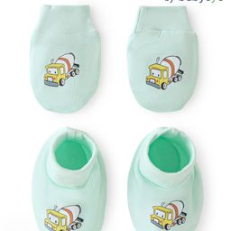 Babyoye 100% Cotton Interlock Knit With Eco-Jiva Finish Mittens & Booties Set Vehicle Print - Light Blue-image-35