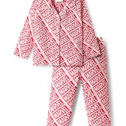 Babyhug Marvel Cotton Woven Full Sleeves Front Open Co-ords Night Suit With Avengers Print - Pink-image-86