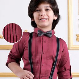 Mark & Mia Cotton Woven Full Sleeves Solid Colour Shirt with Bow Suspender & Pintucks Detailing - Maroon-image-89