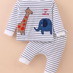 First Smile Interlock Full Sleeves Striped T-Shirt & Pant Set Animal Print - White-image-52