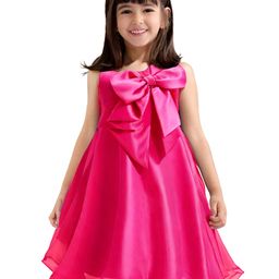Babyhug Woven Sleeveless  A Line Solid Colour Party Frock with Bow Applique - Fuschia-image-106