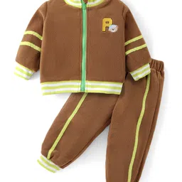 Kookie Kids Full Sleeves Front Zipper Winter Wear Suit With Stripes & Teddy Applique - Light Brown-picture-37