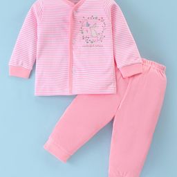 Zero Cotton Knit Full Sleeves Striped T-Shirt & Lounge Pants Set With Bunny & Floral Print - Light Pink-picture-42