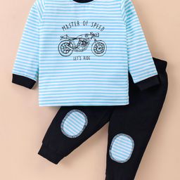 Ollypop Sinker Knit Full Sleeves Striped T-Shirt & Lounge Pants Set With Motorcycle Print - Light Blue-picture-17