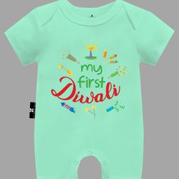 The Peppy Tend Diwali Theme 100% Cotton Half Sleeves My First Diwali Text Printed Half Romper - Sea Green-picture-16