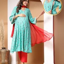 Zelena 100% Rayon Three Fourth Bell Sleeves Floral & Bandhani Printed & Lace Embellished Maternity Kurta With Nursing Access & Salwar With Dupatta Set - Turquoise-picture-12