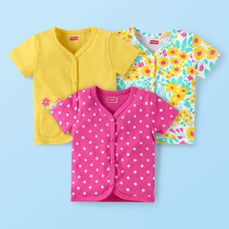 Babyhug 100% Cotton Knit Half Sleeves Front OpenVests with Floral & Polka Dots Print Pack of 3 - Pink Yellow & Mint Green-image-30