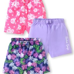 Babyhug Cotton Single Jersey Knit Mid Thigh Shorts Floral & Leafy Print Pack of 2 - Pink Navy & Purple-image-32