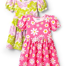 Honeyhap Premium Cotton Knit Half Puffed Sleeves Floral & Hearts Printed Bio Finish Frocks with Bow Applique Pack of 2 - Bright White & Carmine Rose-image-98