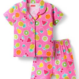Babyhug Cotton Knit Half Sleeves Shorts Co-Ord Night Suit With Fruit Print - Pink-image-48