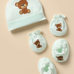 Ben Benny 100% Cotton Knit Cap Mitten & Booties Set with Bear Print Light Blue - Diameter 11.5 cm-13