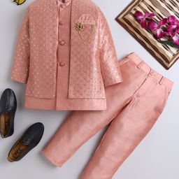 Ahhaaaa Cotton Silk Blend Full Sleeves Floral Embroidered Sequins Embellished Sherwani & Pant Set - Orange-image-1