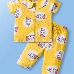 Doodle Poodle 100% Cotton Single Jersey Knit Half Sleeves Front Open Co-ords Night Suit With Bunny Print - Yellow-picture-6