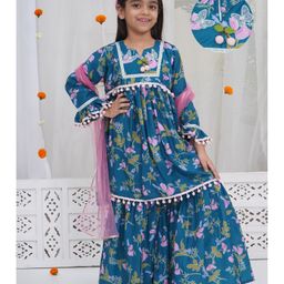 Little Bansi Muslin Woven Full Bell Sleeves Floral Printed Gota Lace Embellished Kurti Sharara With Dupatta Set - Turquoise-picture-49