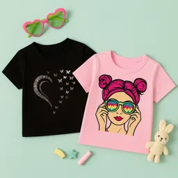 Luke and Lilly Cotton Knit Pack Of 2 Half Sleeves Heart & Cute Girl Printed Tees - Black & Pink-picture-10