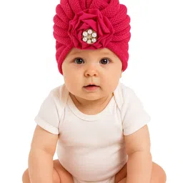 The little lookers Wool Knit Floral Applique Detailed Pearls Embellished Turban Cap - Dark Pink - Circumference - 36 Cm-picture-21
