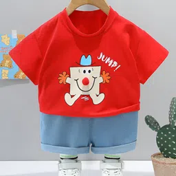 Googo Gaaga Cotton Knit Half Sleeves Jump Text Printed Tee & Shorts Set - Red-picture-35