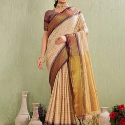 KALINI Checked Woven Design Banarasi Saree with Blouse Piece-image-6