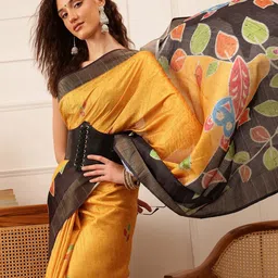 Silk Land Floral printed Zari Banarasi Saree with blouse piece-image-67