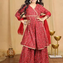 Cutiekins Girls Bandhani Printed Angrakha Gotta Patti Kurta with Sharara & With Dupatta-13