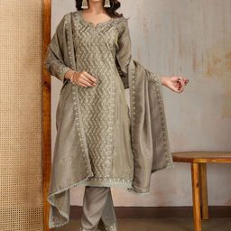 Inddus Women Ethnic Motifs Embroidered Regular Thread Work Kurta with Trousers & With Dupatta-image-44