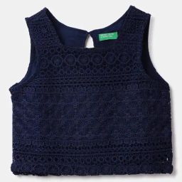United Colors of Benetton Kids Navy Blue Self Design T-Shirt-image-1