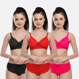 FIMS Red & Black Lace Work Bra Panty Sets - Pack Of 3-40