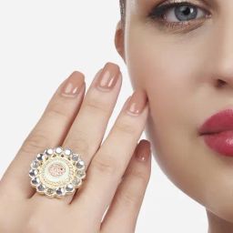 Zaveri Pearls Green & Peach Meenakari Flower Shape Kundan Ethnic Ring-ZPFK13150-17