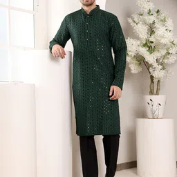 MULTI SHADES Geometric Embroidered Mandarin Collar Sequenned Straight Kurta With Trouser-picture-17