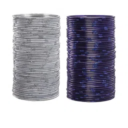 Guddan Set of 96 Grey & Navy Blue Glitter Metal Bangles-6