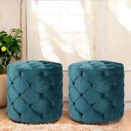 Ikiriya 2-Pcs Turquoise Blue Wooden Velvet Round Ottomans2Pc Wooden Round Ottomans-image-42