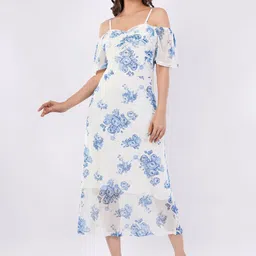 Deshi Girl Floral Print Cold-Shoulder Net A-Line Midi Dress-picture-16