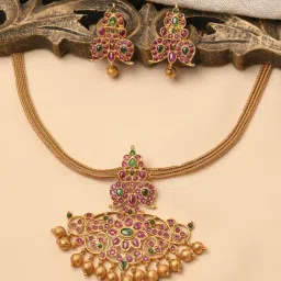 Fida Ethnic Traditional Gold-Plated Red & Green Stone Studded Paisley Necklace Set for Women-image-24