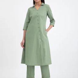 Pink Fort Sage Green Cotton Relaxed Fit Kurta-image-24