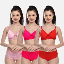 FIMS Red & Pink Lace Work Bra Panty Sets - Pack Of 3-image-1