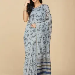Fabindia Blue Cotton Silk Hand Block Print Saree Without Blouse Piece-picture-1