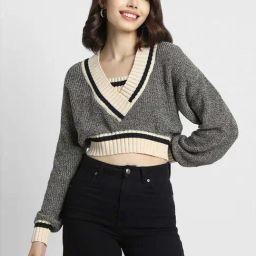Forever 21 Grey Cotton Self Pattern Cropped Sweater-image-13