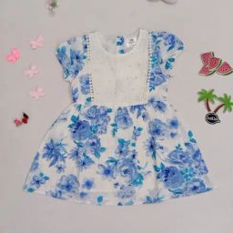 Creative Kid's Girls Sky Blue Cotton Floral Print Dress-picture-41