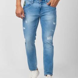 Spykar Light Blue Slim Fit Lightly Washed Distressed Jeans-image-54