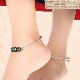Aatmana Silver-Toned & Stone Beaded Oxidized Anklets - Set of 2-image-55