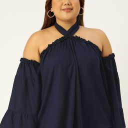 theRebelinme Plus Size Navy Blue Solid Halter Neck Bardot Top-picture-11