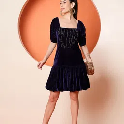 Antheaa Women Puff Sleeves Velvet Embellished A-Line Dress-image-6