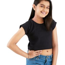 Olele  Half Sleeves Solid Crop Top - Ebony Black-image-97
