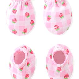 Babyhug 100% Cotton Knit Mittens & Booties Set Strawberry & Checks  Print- Pink-image-99